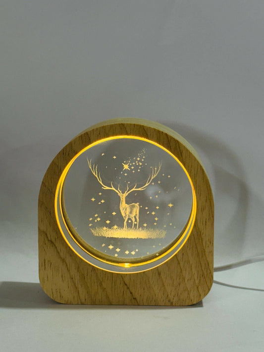 3D Deer in Forest Scene Crystal Glass LED Night Lamp with Wooden Frame